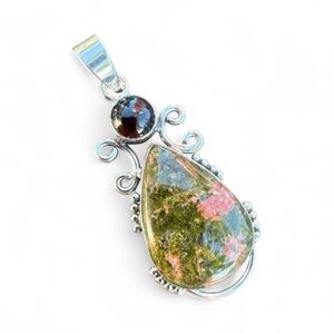 Unakite & Garnet Solid 925 Sterling Silver Pendant